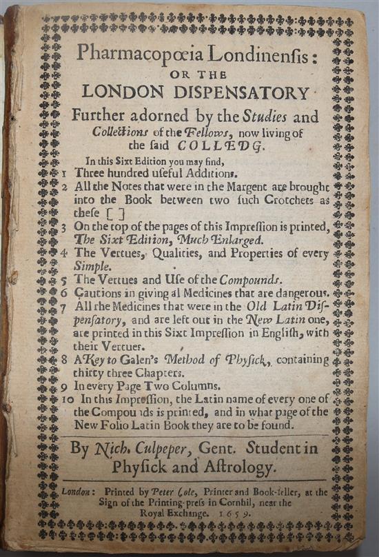 CULPEPER, NICOLAS - PHARMACOPOEIA LONDINENSIS, OR LONDON DISPENSARY,